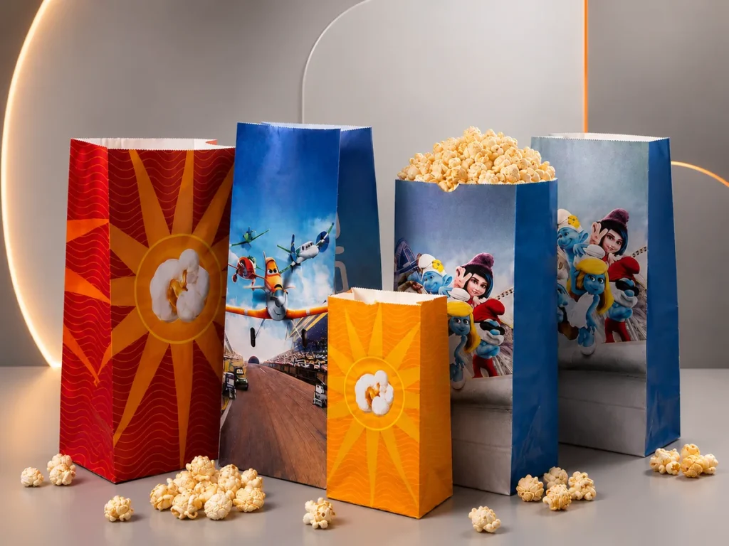 Sacos de papel SOS para pipoca com impressões personalizadas de personagens infantis como Os Smurfs e Aviões.