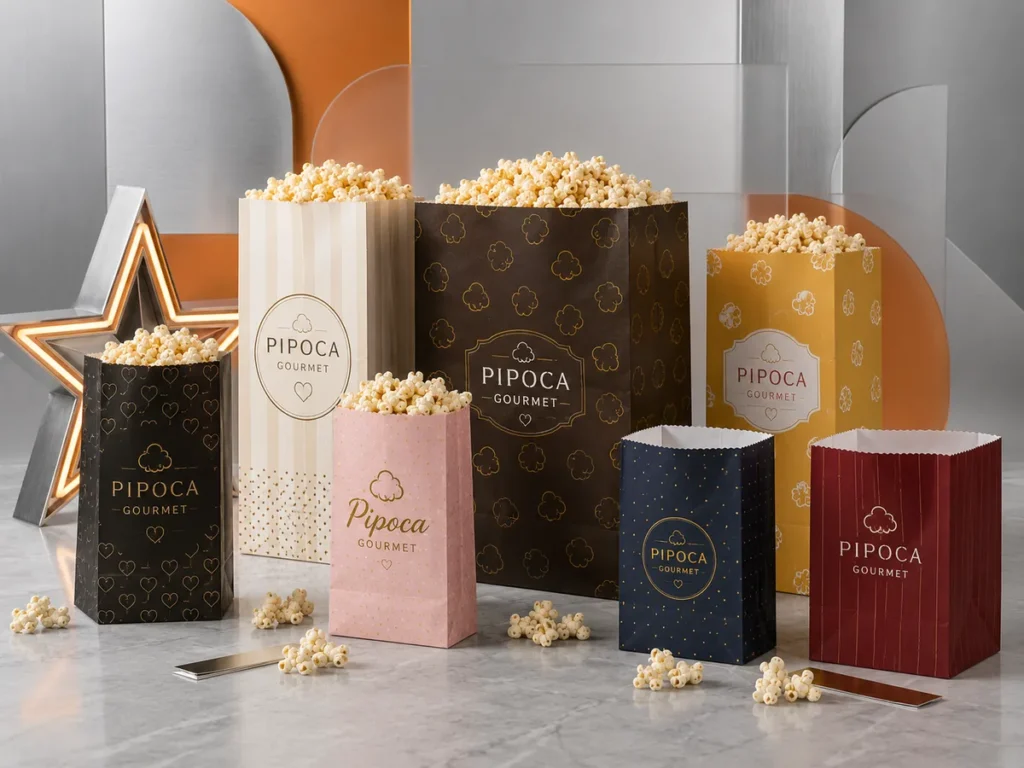 Variedade de sacos de papel SOS para pipoca com diferentes designs gráficos e tamanhos sobre fundo cinza