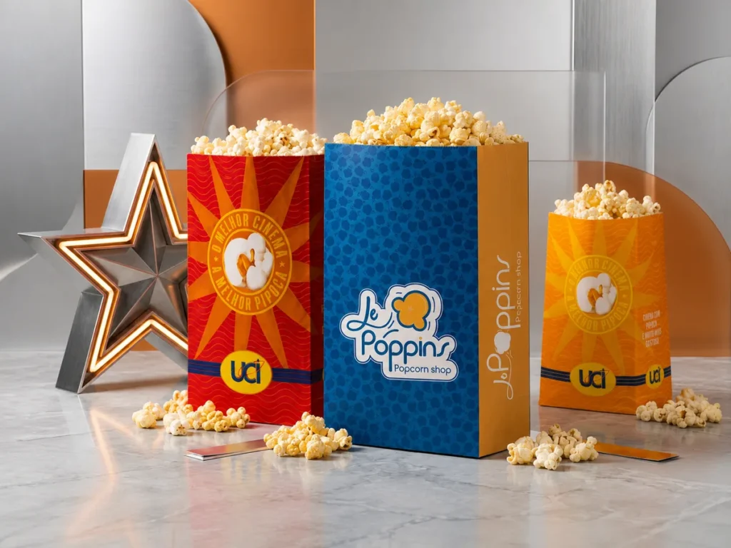 Sacos de papel para pipoca modelo SOS personalizados com a marca UCI Cinema e Le Poppins Popcorn Shop preenchidos com pipoca.