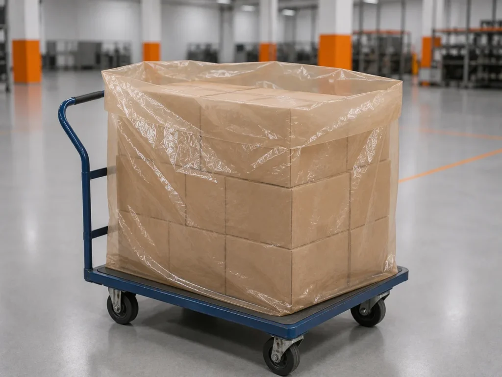 Carrinho industrial transportando caixas de papelão cobertas e protegidas por um grande saco de polietileno canela.