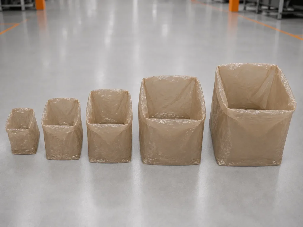 Cinco sacos plásticos canela de tamanhos diferentes dispostos lado a lado em um ambiente industrial.