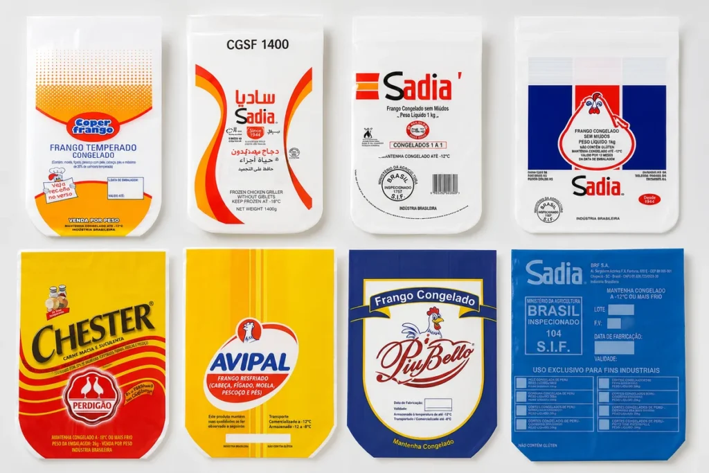 Comparativo de modelos e layouts de sacos plásticos com fundo arredondado para frango e chester.