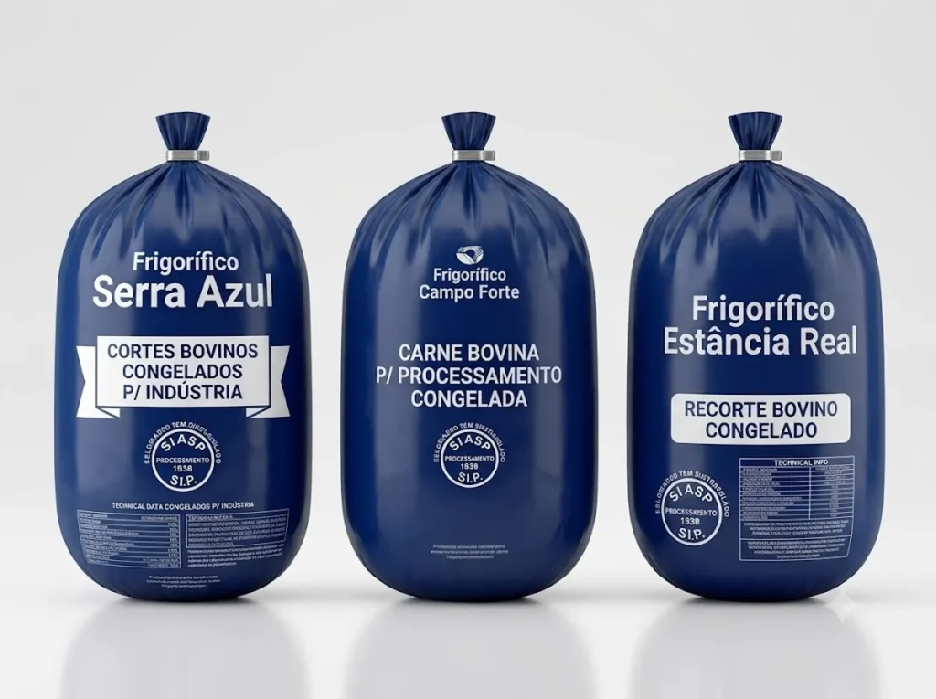 Sacos plásticos grossos de fundo redondo na cor azul para cortes bovinos congelados industriais.