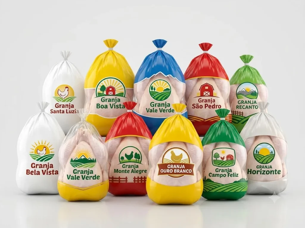 Sacos plásticos com fundo arredondado personalizados com marcas de granjas contendo frangos inteiros.