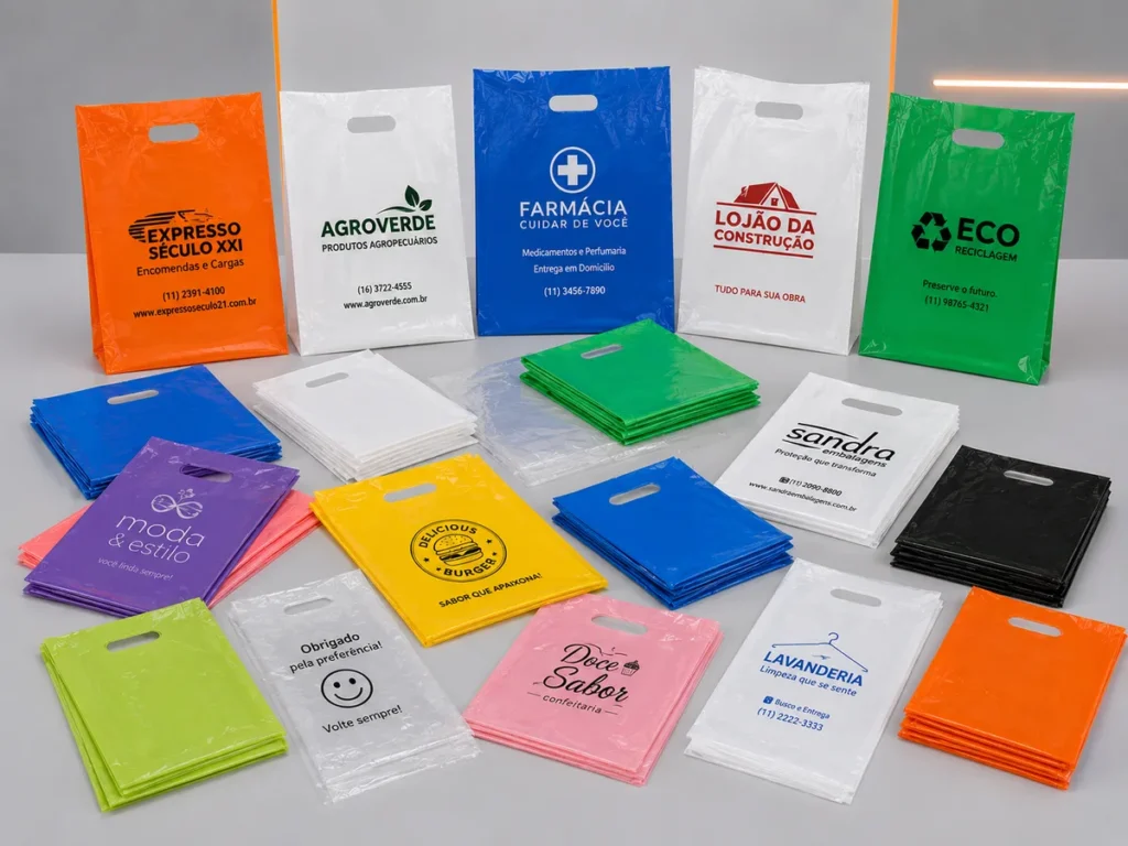 Variedade de sacolas de polietileno personalizadas coloridas e transparentes com logos impressos.