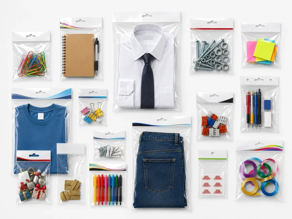 Variedade de sacos plásticos transparentes com furos, fechos e tamanhos diversos contendo miudezas, roupas e itens de escritório.