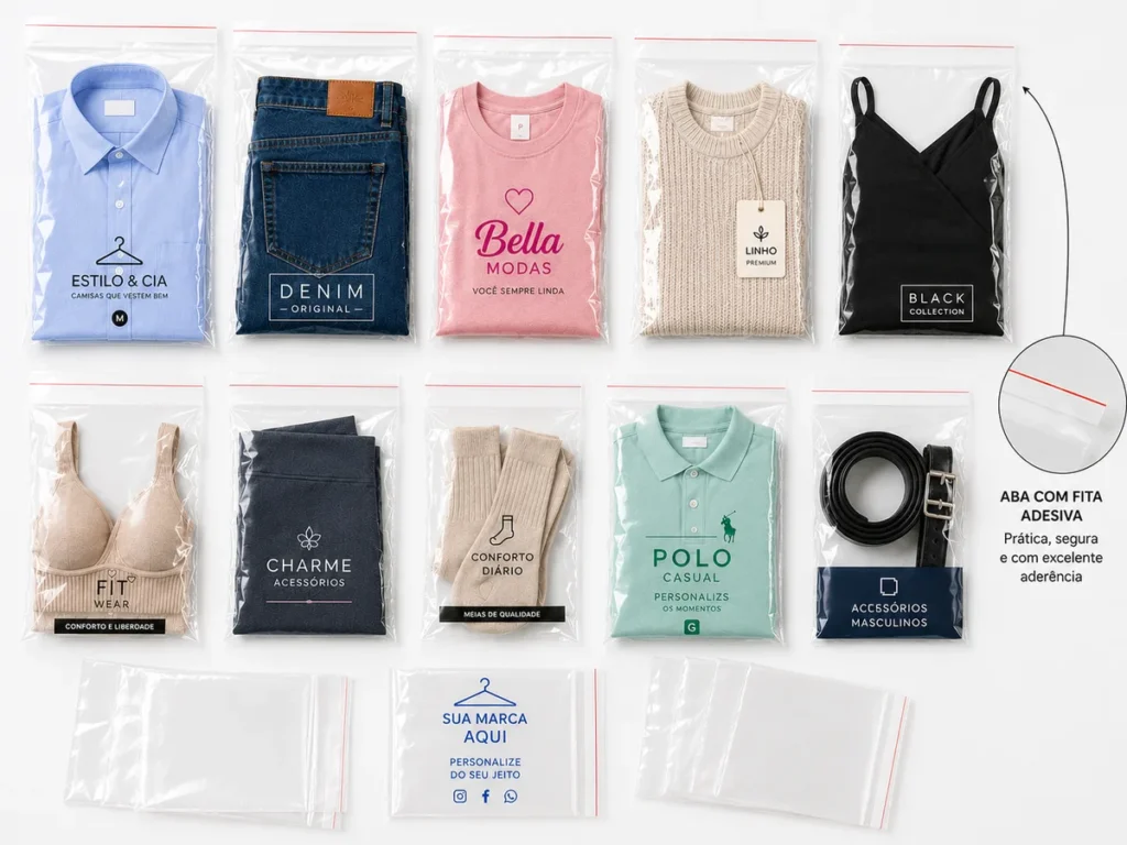 Embalagens de polipropileno personalizadas para moda e confecção com aba adesiva protetora.