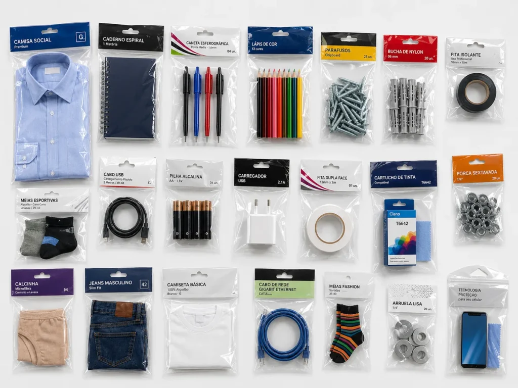 Sacos de polipropileno com solapa colorida personalizada e furo euro contendo cabos, camisetas, meias, pilhas e materiais escolares.