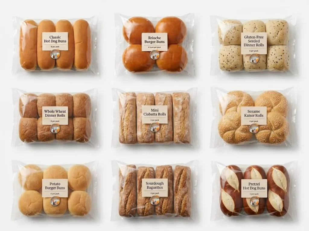 Sacos plásticos de polipropileno lisos e transparentes aplicados para embalar diferentes tipos de pães de padaria e brioches.