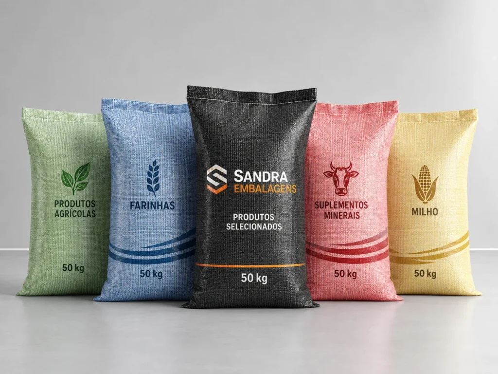 Sacos de ráfia coloridos de polipropileno trançado em diversas cores organizados lado a lado.