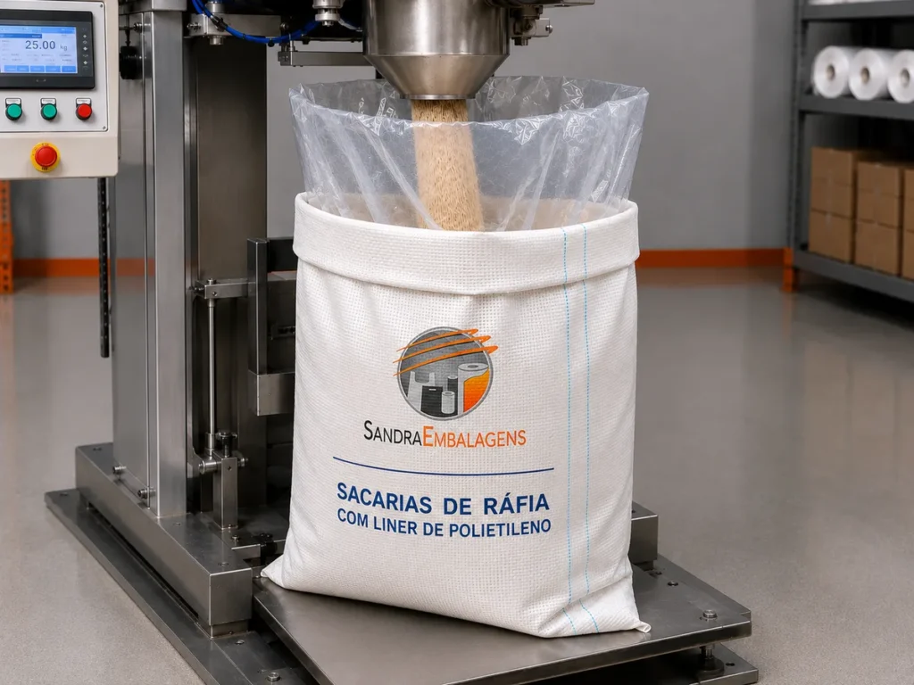 Processo de enchimento industrial de saco de ráfia de boca aberta Sandra Embalagens com forro ou liner de plástico polietileno transparente interno.