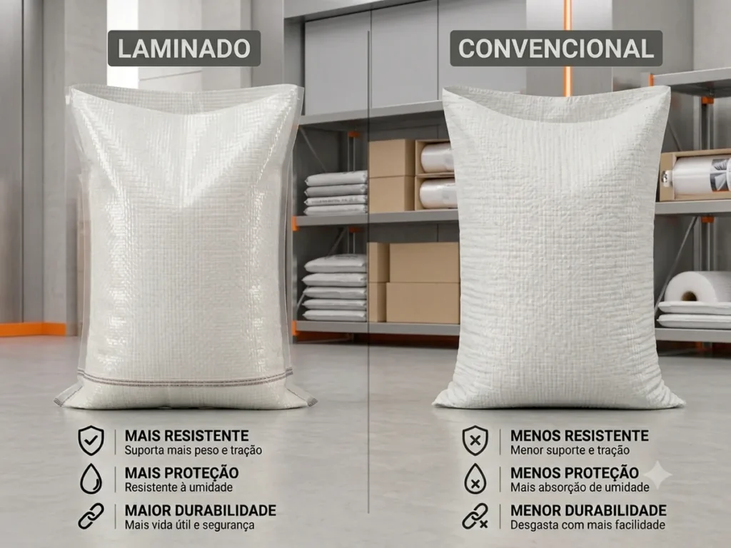 Comparação visual detalhada dos benefícios técnicos do saco de ráfia laminado (mais resistente e protetor) e convencional (menor proteção à umidade).