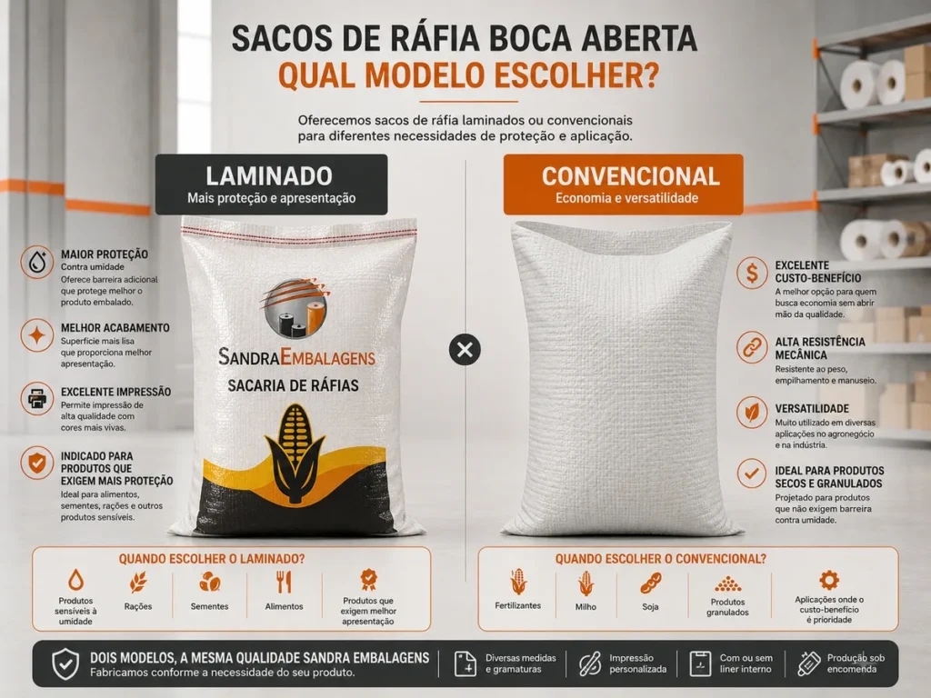 Infográfico comparativo entre sacos de ráfia boca aberta laminado e convencional Sandra Embalagens, mostrando aplicações para cada tipo.