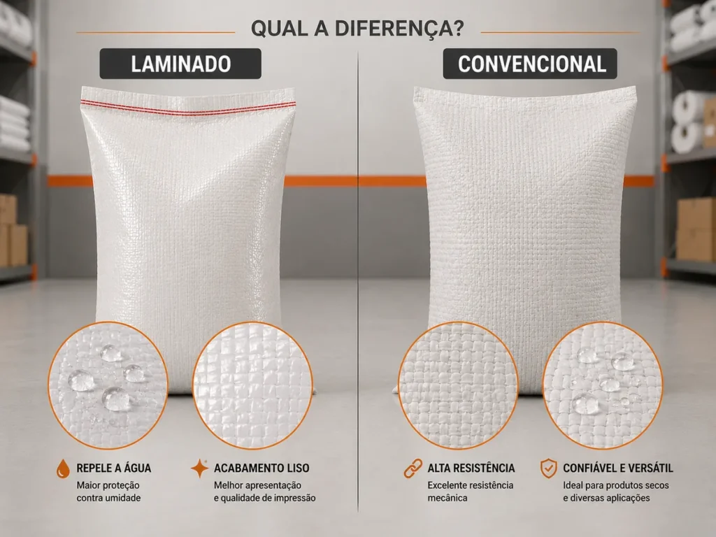 Detalhe aproximado mostrando a textura de repelência à água do saco laminado e a trama aberta do saco de ráfia convencional.