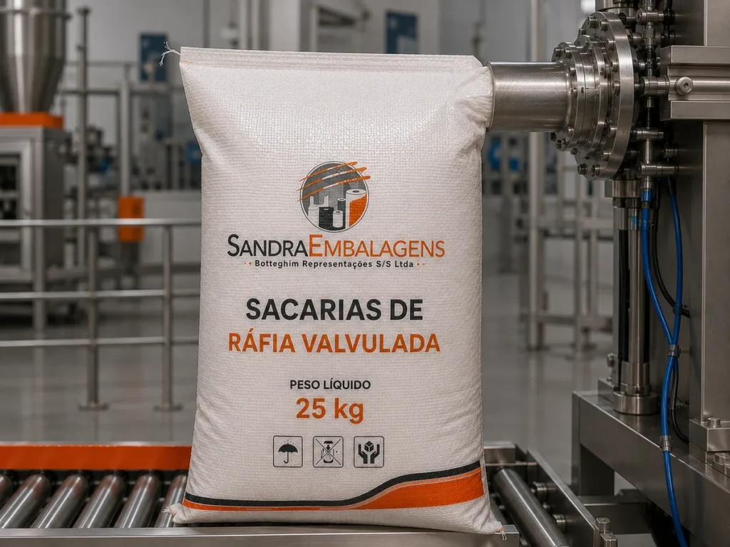 Saco de ráfia valvulado personalizado de 25 kg da Sandra Embalagens acoplado a um bocal de ensaque em linha de produção industrial