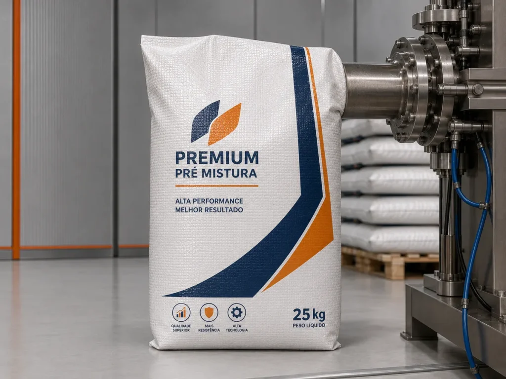 Embalagem de ráfia valvulada para pré-mistura industrial conectada ao sistema de enchimento mecânico.