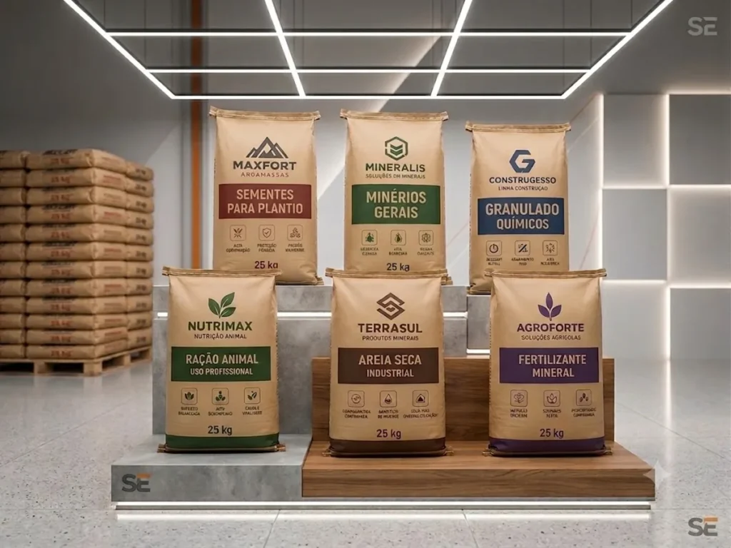 Sacos kraft multifolhados para o setor alimentício e nutrição animal empilhados.