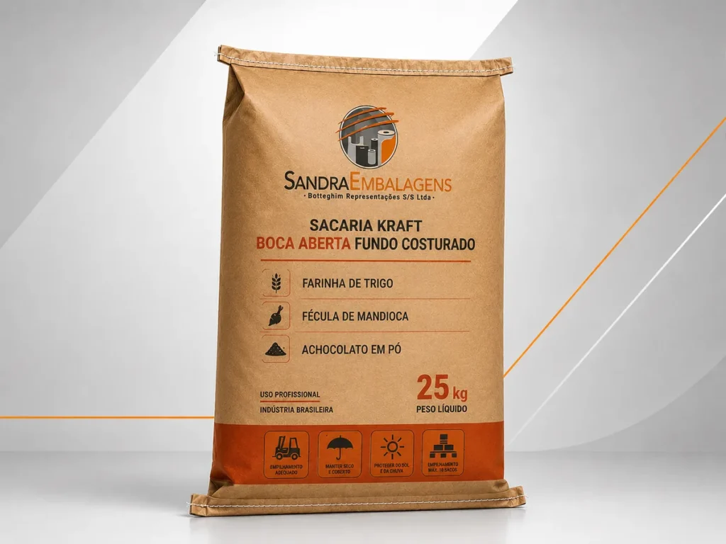Saco kraft multifolhado boca aberta fundo costurado de 25 kg da Sandra Embalagens.