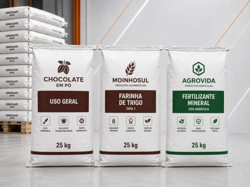 Três modelos de sacos de papel kraft branco com acabamento superior reto pronto para costura.
