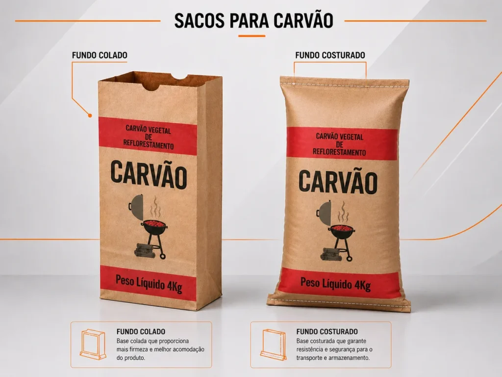 Comparativo técnico entre saco de carvão com fundo colado e saco com fundo costurado, destacando as diferenças estruturais.
