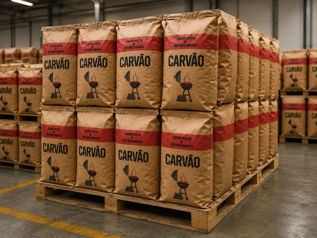 Sacos de papel kraft para carvão empilhados perfeitamente sobre um pallet de madeira dentro de um galpão logístico.