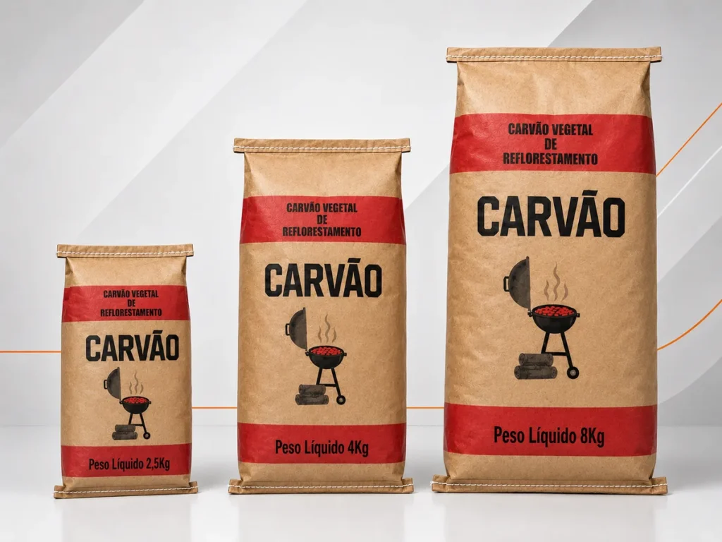 Três tamanhos diferentes de sacos de papel kraft para carvão nas capacidades de 2,5 kg, 4 kg e 8 kg alinhados por ordem de tamanho.