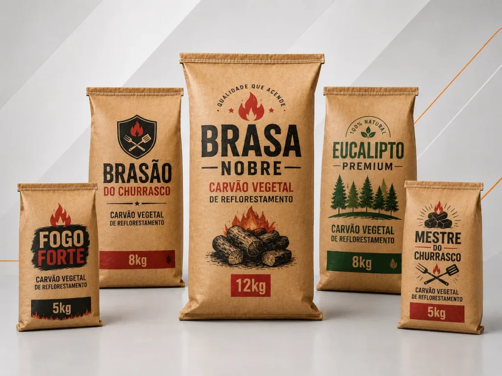 Exemplos de sacos de carvão com marcas personalizadas estampadas, exibindo diferentes identidades visuais e cores de impressão flexográfica.