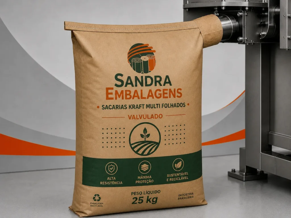 Saco kraft valvulado multifolhado costurado de 25 kg acoplado ao bocal de uma máquina ensacadeira industrial automática.