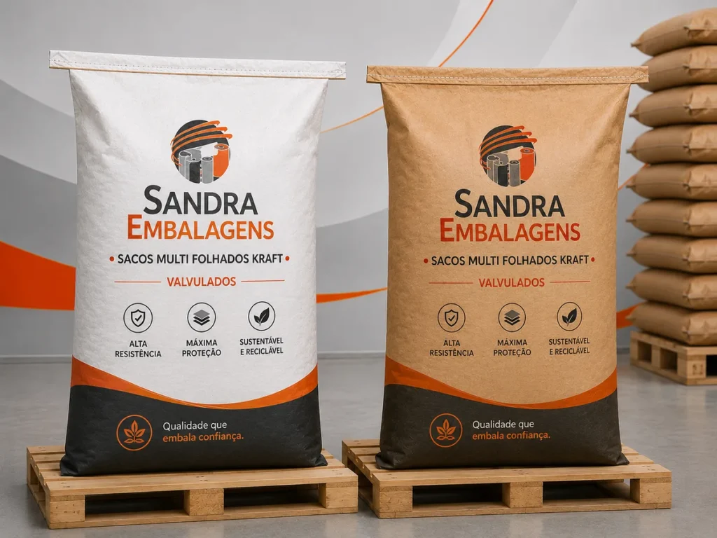 Dois sacos kraft valvulados multifolhados posicionados lado a lado sobre paletes de madeira, um na cor branca e outro na cor parda, exibindo a marca Sandra Embalagens.