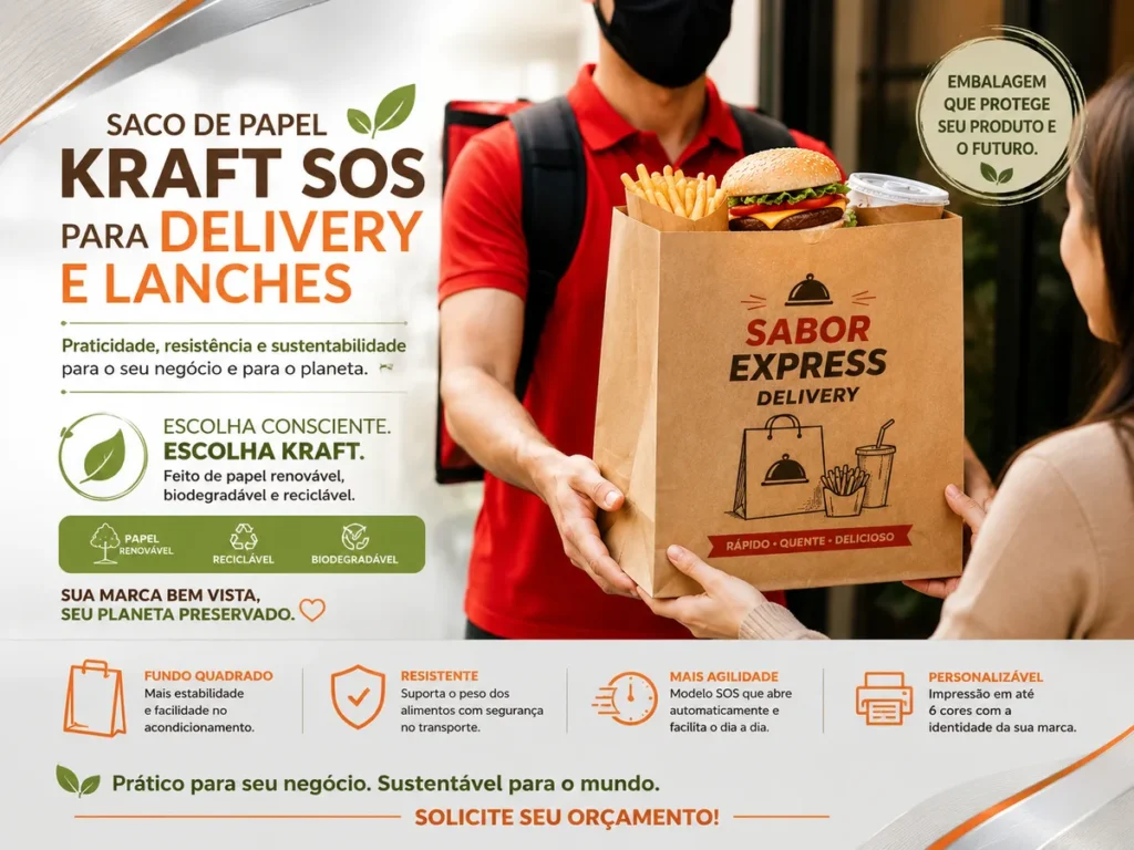 Entregador de delivery de lanches passando saco de papel kraft SOS personalizado para cliente com hambúrguer e batatas fritas aparentes.