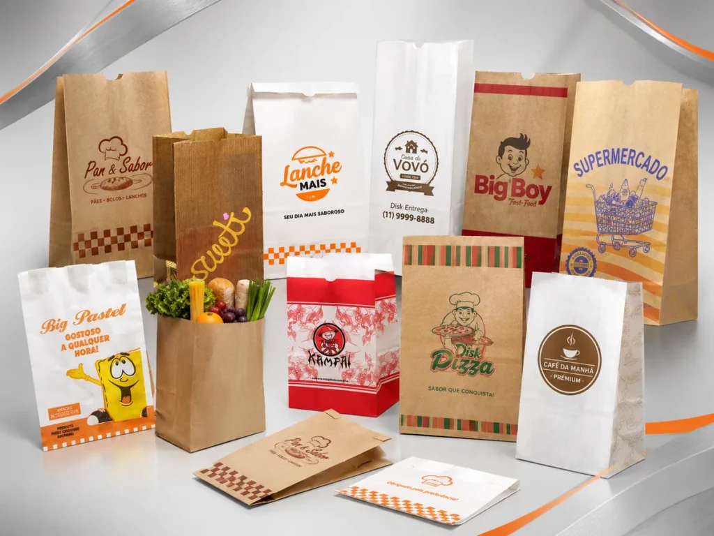 Variados sacos e caixas de papel kraft impressos com diferentes marcas de alimentos organizados sobre fundo neutro.