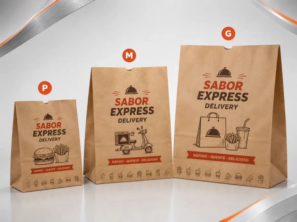 Três tamanhos de sacos de papel kraft SOS (P, M e G) posicionados lado a lado exibindo a proporção de dimensões.