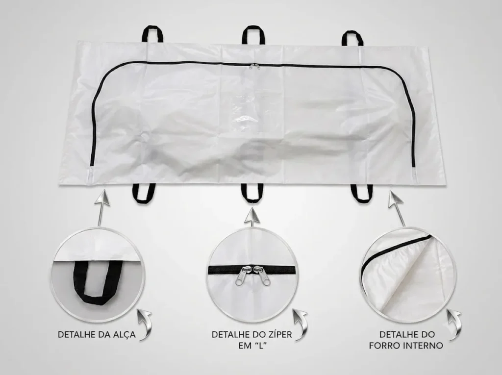 Saco de óbito branco impermeável com zíper em formato de L, forro interno e seis alças reforçadas, com detalhes ampliados dos componentes em fotografia de estúdio.