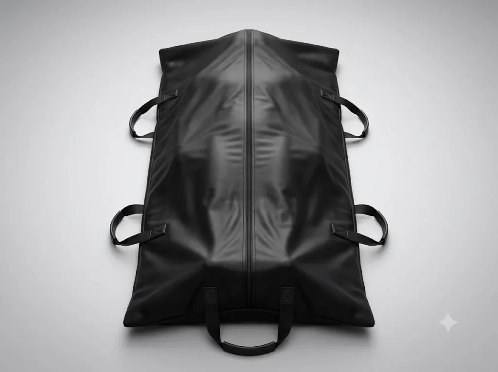 Saco de óbito preto impermeável com zíper central e seis alças reforçadas para transporte, apresentado em fotografia de estúdio sobre o fundo padrão da Sandra Embalagens.