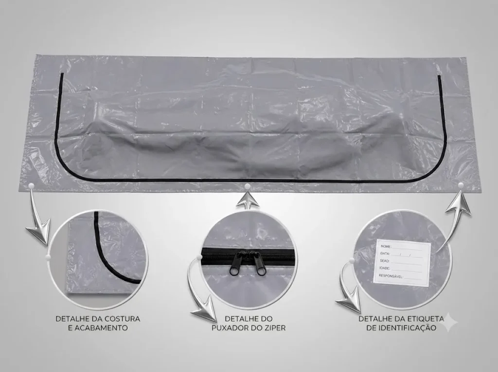 Saco de óbito branco impermeável com zíper em formato de L e etiqueta de identificação, acompanhado de ampliações dos detalhes de costura, acabamento e puxadores do zíper.