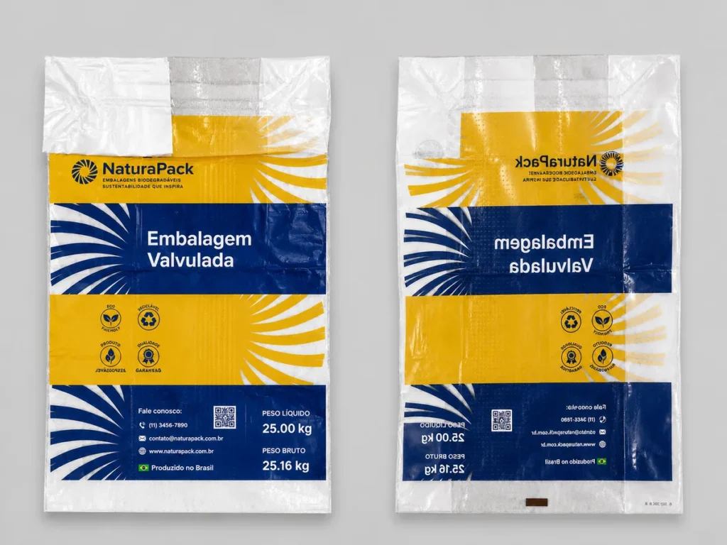 Embalagem valvulada personalizada de polietileno cinza com logotipo impresso em alta definição.