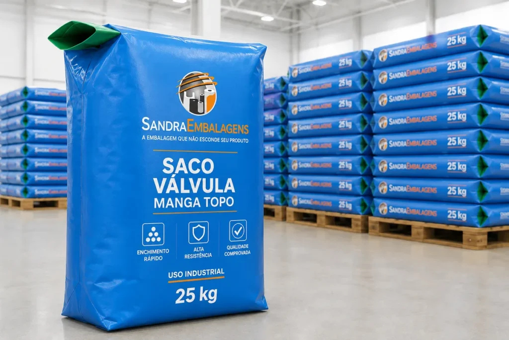 Saco de polietileno valvulado com válvula manga topo industrial cinza com personalização azul e vermelha Sandra Embalagens.