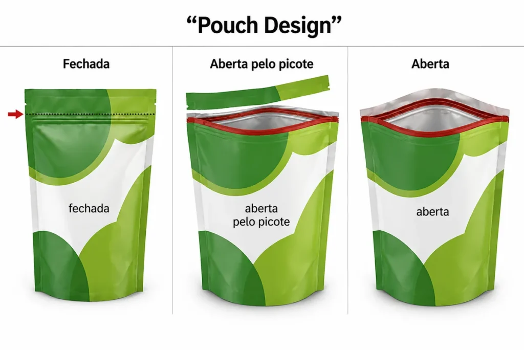 Infográfico explicativo em três etapas mostrando a embalagem Stand Up Pouch fechada com lacre, sendo aberta pela linha pontilhada do picote e aberta com o fecho zip acessível.