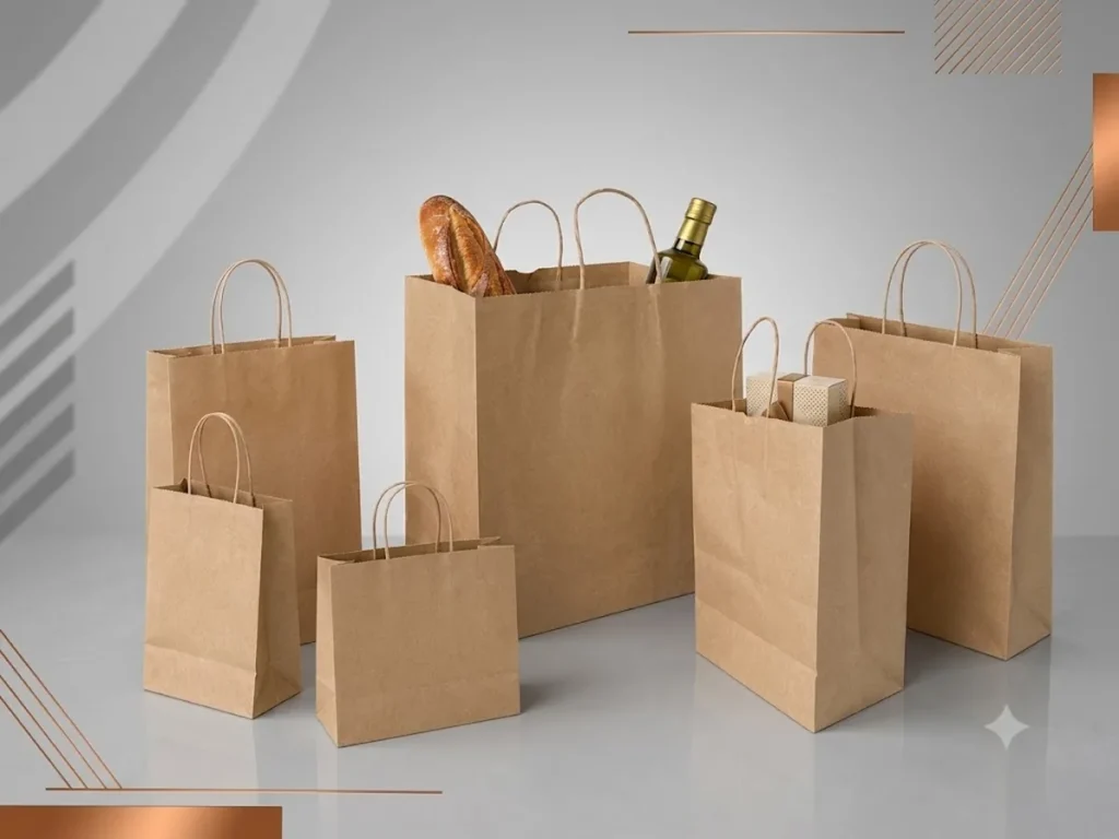 Conjunto de sacolas de papel kraft pardo sem impressão em diferentes tamanhos exibindo as alças torcidas fixadas internamente.