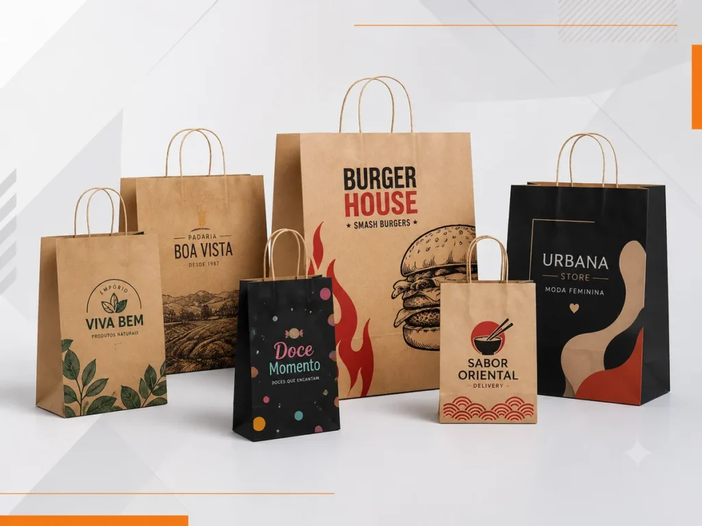 Seis sacolas de papel kraft pardo personalizadas com diferentes logotipos de marcas de alimentos, vestuário e cafés impressos em cores preta, vermelha e verde.