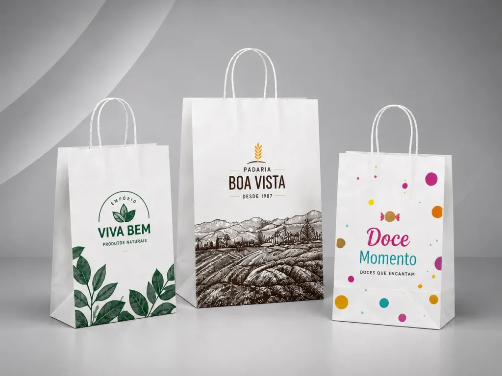 Três sacolas de papel kraft branco personalizadas com artes sofisticadas em verde, preto e marrom, exibindo as alças torcidas brancas.