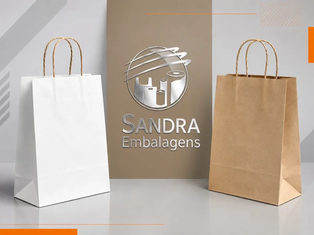 Duas sacolas de papel kraft com alça torcida, sendo uma branca à esquerda e uma parda à direita, posicionadas ao lado do logotipo prata da Sandra Embalagens.
Legenda: Não utilizar legenda.