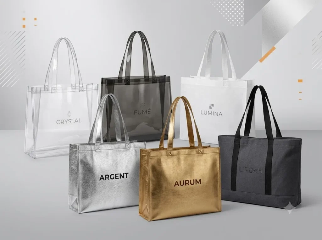 Variedade de sacolas promocionais personalizadas de alto padrão em cores prata, dourada, preta, branca e transparente com logotipos gravados.