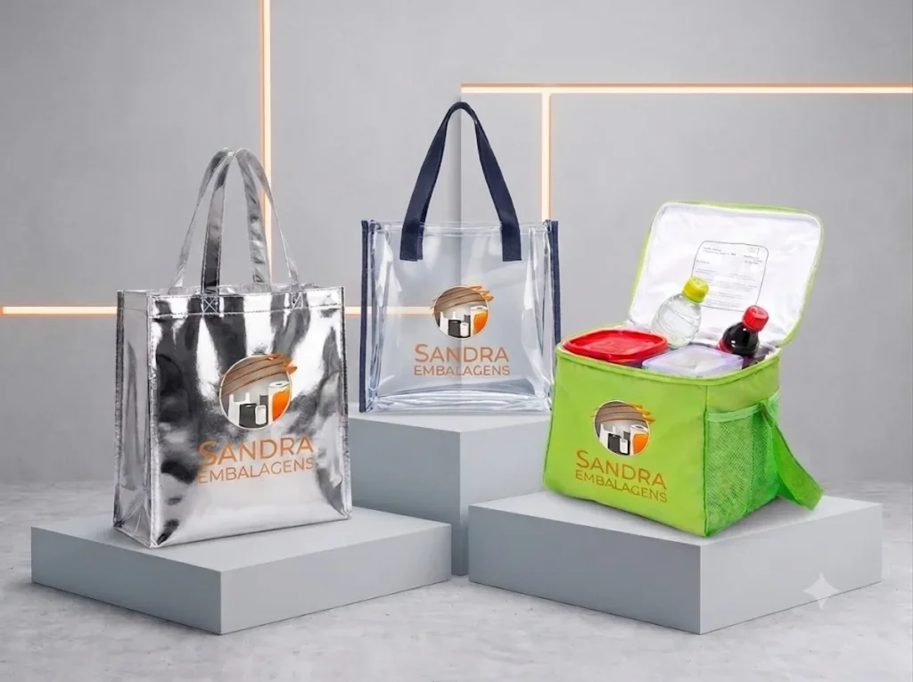 Modelos de bolsas e sacolas promocionais personalizadas exibindo o logotipo oficial da Sandra Embalagens, incluindo uma bolsa térmica verde e sacolas metalizadas e transparentes.