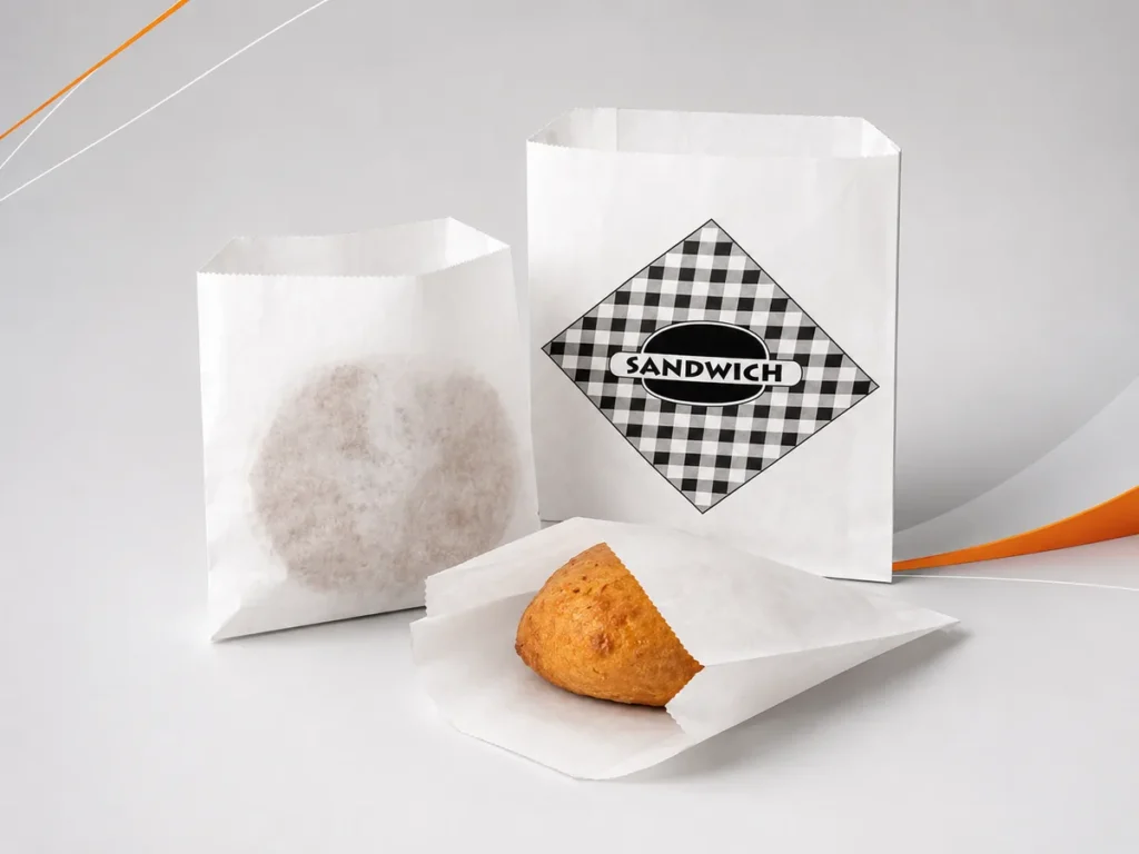 Detalhe de três sacos de papel brancos com barreira antigordura protegendo um salgado e lanches.