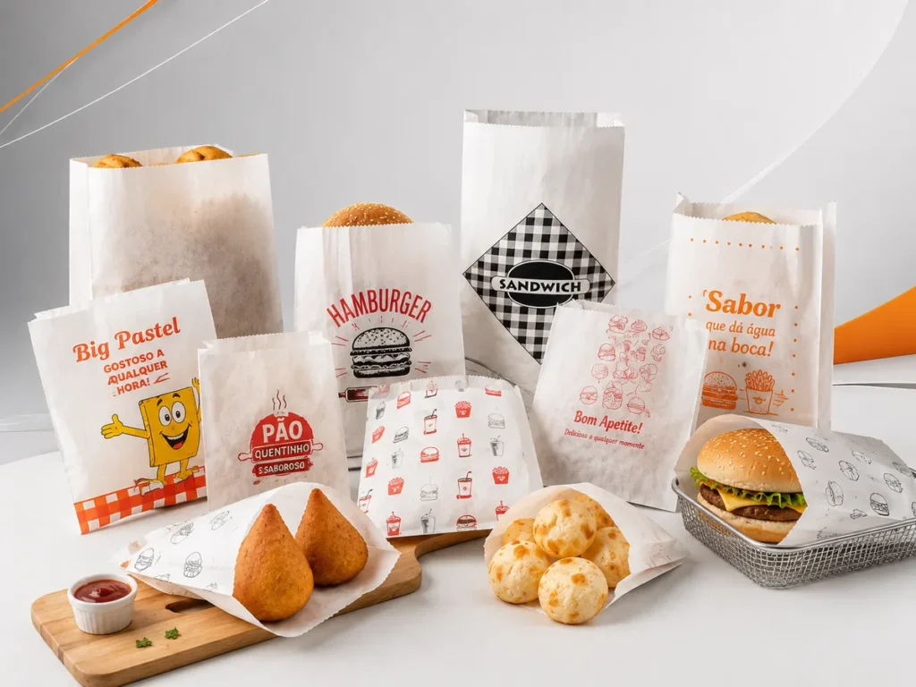 Variedade de sacos de papel antigordura personalizados contendo hambúrgueres, pastéis, coxinhas e pães de queijo.