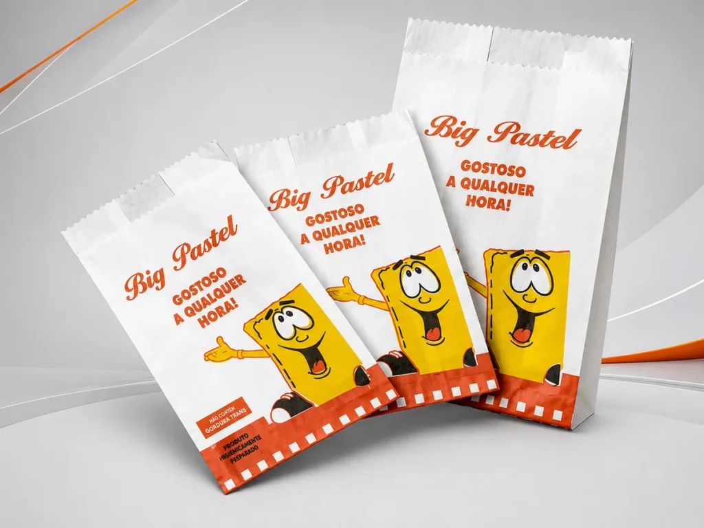 Três sacos de papel para pastel com a estampa laranja e amarela "Big Pastel Gostoso a Qualquer Hora