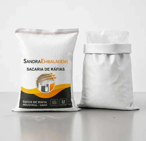 Dois sacos de ráfia industriais lado a lado em fundo branco. À esquerda, saco de ráfia personalizado com a identidade visual da Sandra Embalagens. À direita, saco de ráfia branco com liner interno transparente dobrado para fora, evidenciando a proteção interna do produto.