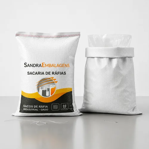 Dois sacos de ráfia industriais lado a lado em fundo branco. À esquerda, saco de ráfia personalizado com a identidade visual da Sandra Embalagens. À direita, saco de ráfia branco com liner interno transparente dobrado para fora, evidenciando a proteção interna do produto.
