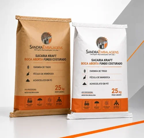Sacos kraft multifolhados boca aberta com fundo costurado, nas versões parda e branca, para embalagem de farinha, fécula, achocolatado e outros produtos em pó.